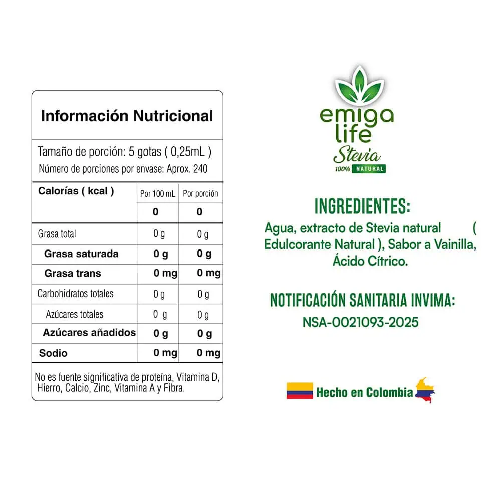 Stevia Líquida Natural Sabor a Vainilla x 60 ml Emigalife 3 Stevia Líquida Natural Sabor a Vainilla x 60 ml Emigalife - Imagen 3